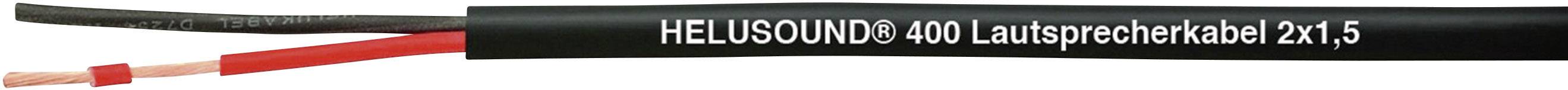 Câble d'enceinte noir avec inscription blanche 'HELIOSOUND: 100 câble d'enceinte 2x1.5'. Un câble intérieur rouge et un câble intérieur noir sont visibles.