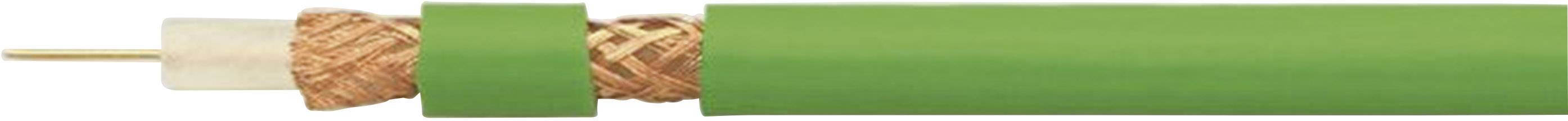 Gros plan d'un câble coaxial avec gaine extérieure verte, blindage en cuivre et fil conducteur intérieur visible.