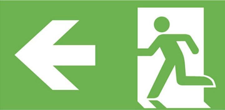 Panneau de signalisation de sortie de secours avec une flèche pointant vers la gauche et une silhouette stylisée précipitant à travers une porte.