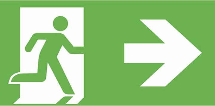 Panneau de sortie de secours : Pictogramme représentant une personne courant à travers une porte avec une flèche pointant vers la droite.