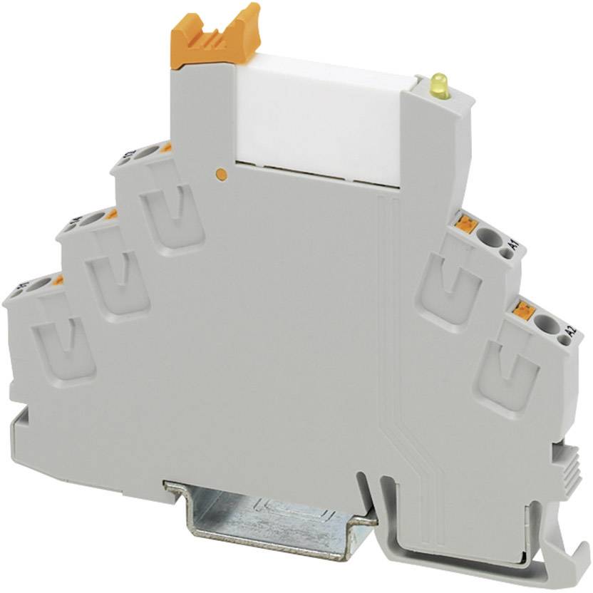 Un élément de borne de connexion gris triangulaire avec un clip métallique à la base et plusieurs emplacements pour des connexions électriques.