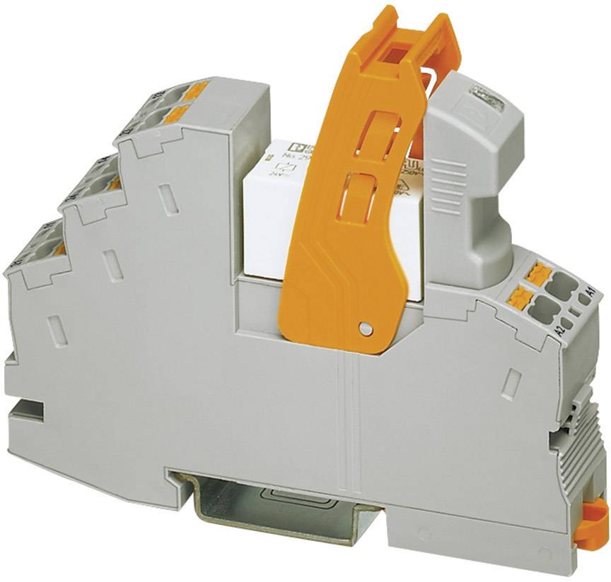 Relais électrique gris avec levier orange, monté sur rail DIN, adapté à l'installation dans les armoires de commande électrique.
