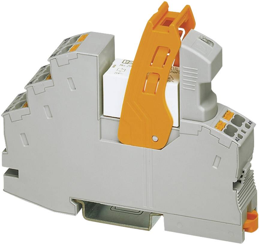 Un module relais gris avec un verrouillage orange, adapté pour être fixé sur un rail DIN dans les armoires électriques.