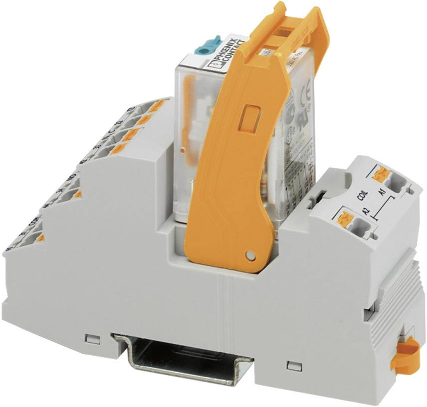 Un relais avec support orange, monté sur un rail DIN. Adapté pour la technologie de commande industrielle.