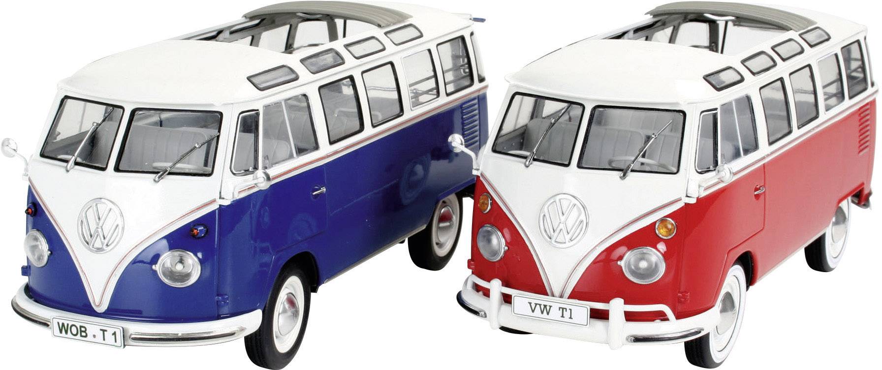 Deux modèles de bus VW T1 : à gauche bleu et blanc, à droite rouge et blanc, chacun avec un toit blanc et des fenêtres, sur un fond blanc.