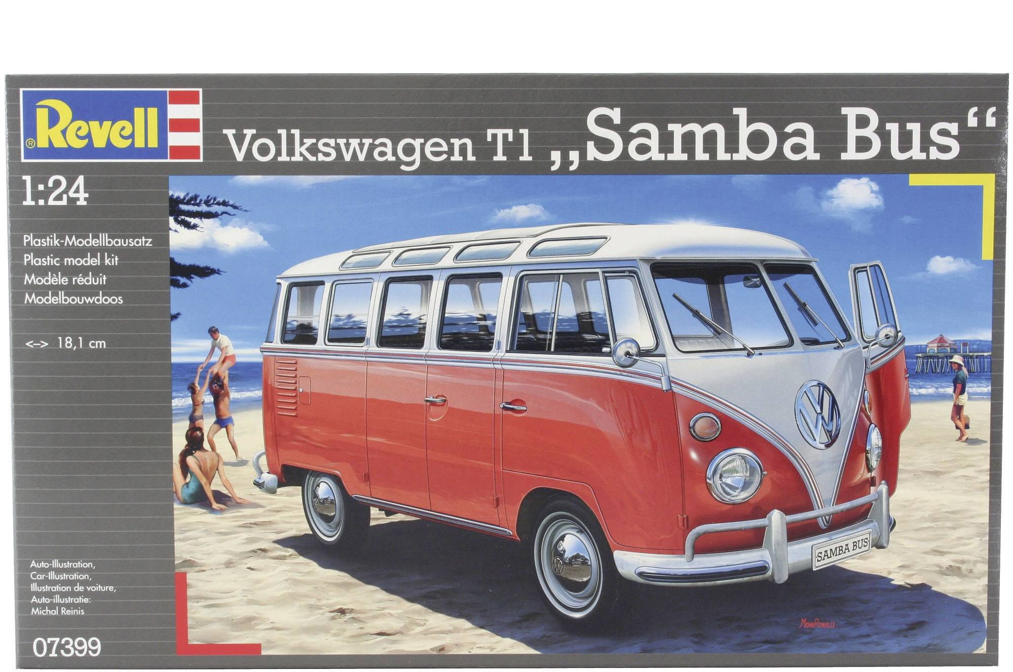 Boîte de maquette du Volkswagen T1 Samba Bus de Revell à l'échelle 1:24, montrant l'image du bus sur une plage.