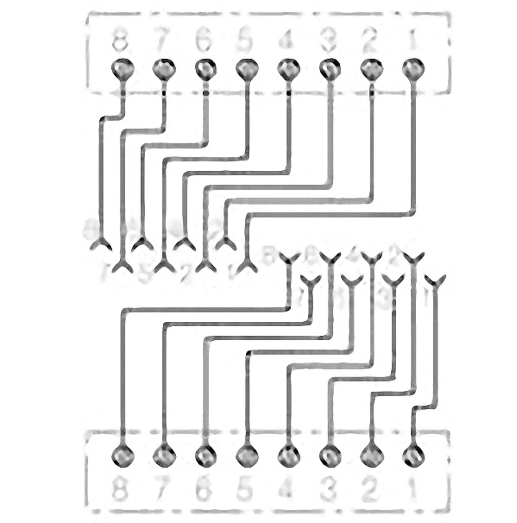 Image de câblage dans un diagramme de circuit électronique, montrant des pistes connectées entre deux rangées de contacts numérotés.