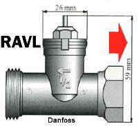 L'image représente une vanne en T avec des dimensions de 26 mm et 59 mm. La flèche indique le sens de l'écoulement. Marque 'Danfoss', type 'RAVL'.