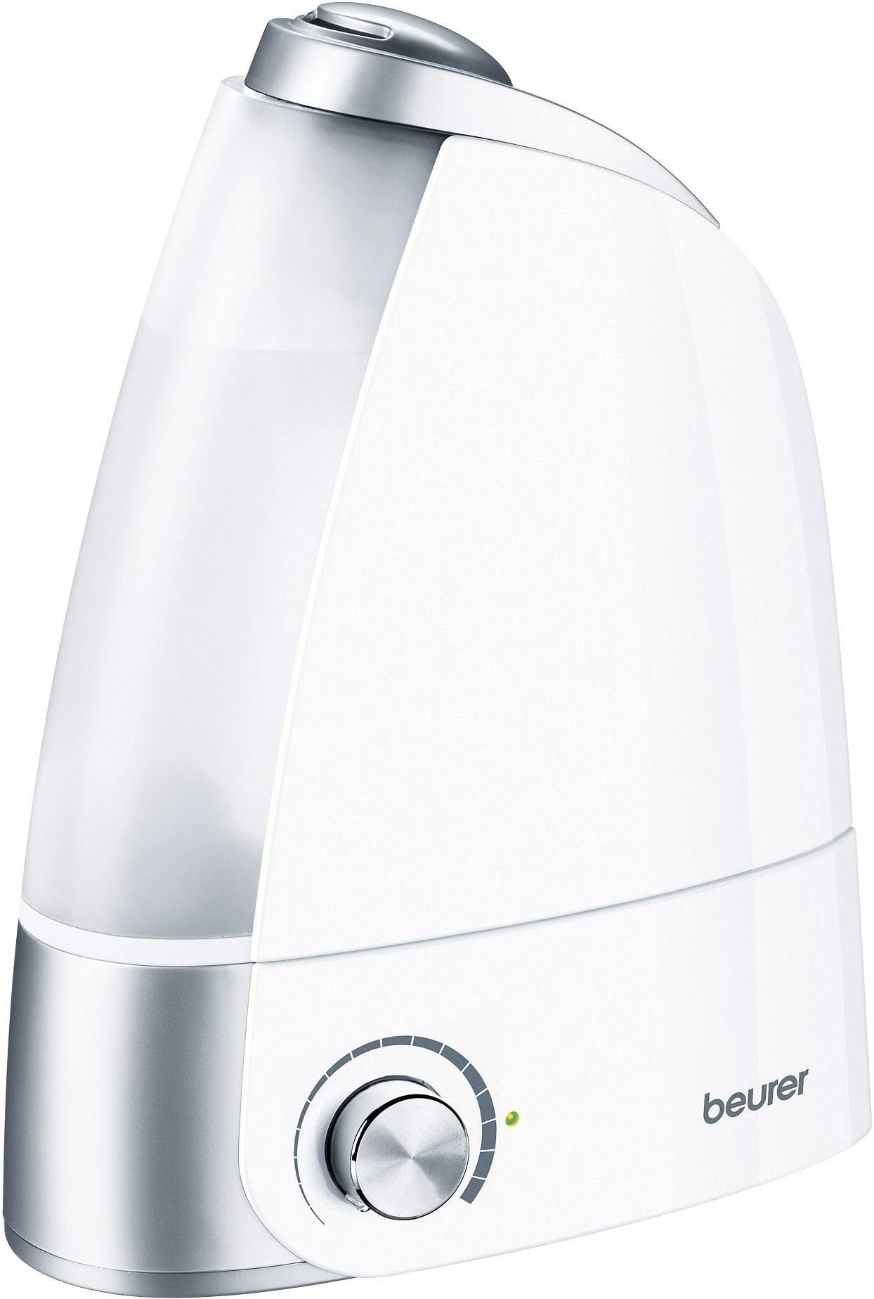 Humidificateur d'air au design élégant et moderne, doté d'un bouton rotatif argenté et d'un réservoir d'eau transparent.