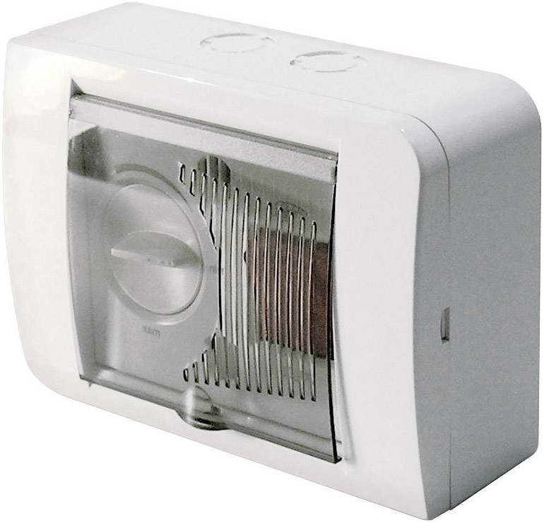 Boîtier blanc rectangulaire avec un couvercle transparent et un bouton rotatif, probablement un dispositif électrique ou un fusible.