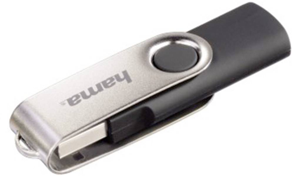 Une clé USB avec un mécanisme pivotant argenté et un boîtier noir. Le nom de marque 'Hama' y est imprimé.