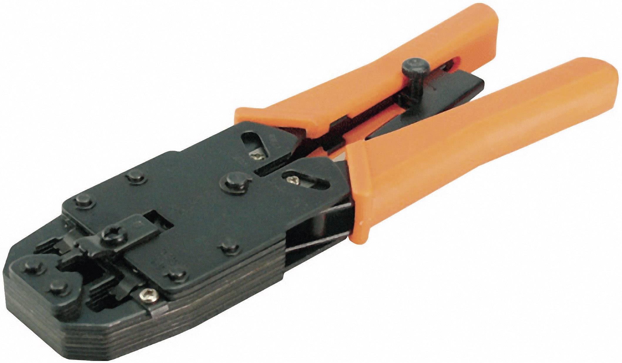 Pince à sertir avec des poignées orange sur fond blanc, utilisée pour la réalisation de connexions de câbles en technologie réseau.