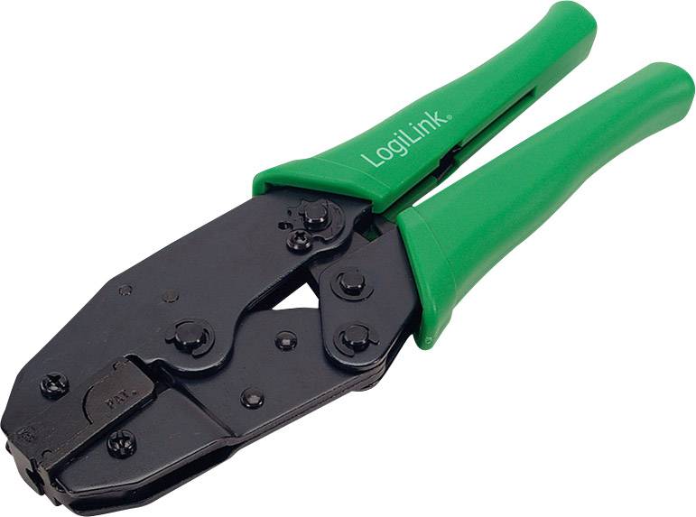 Pince à sertir verte pour connecteurs réseau, avec un mécanisme métallique noir. Inscription 'LogiLink' sur la poignée.