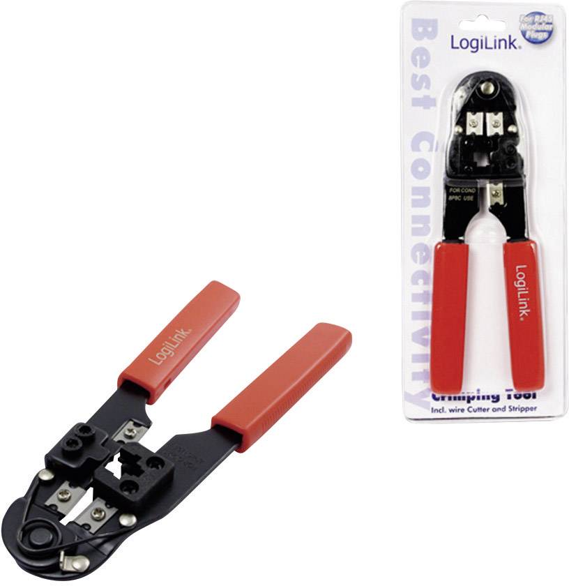 Pince à sertir rouge avec poignées, à côté de son emballage portant l'inscription 'LogiLink'.