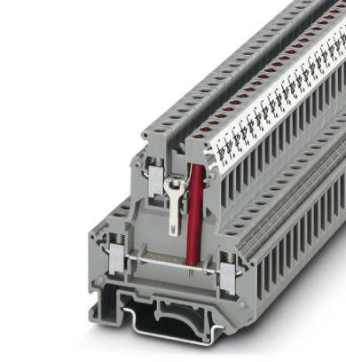 Barrette de bornes en série avec plusieurs bornes de raccordement, câble rouge enfichable. Principalement utilisé pour les installations électriques.