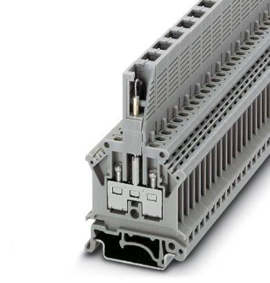 Barrette de connexion grise, conception modulaire empilable, avec connexions à vis, pour une utilisation industrielle dans les armoires électriques.