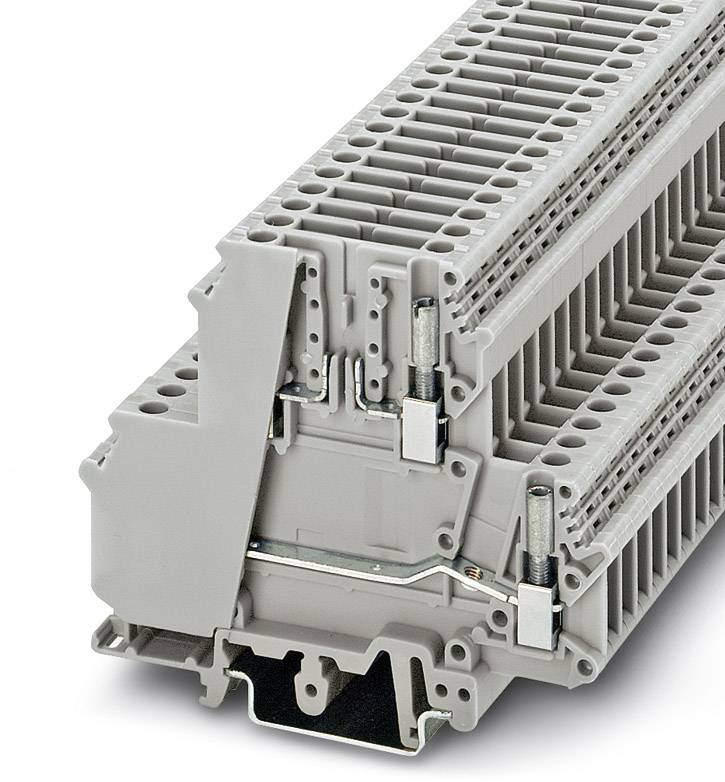 Barrette de connexion électrique grise claire, empilable et adaptée au montage dans les armoires électriques, avec des brides de connexion latérales.