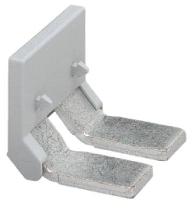 Un bloc de connexion électrique gris avec deux bornes métalliques, adapté pour les connexions électriques dans les circuits.