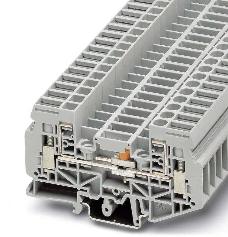 Un bloc de bornes électrique gris, disposant de plusieurs possibilités de connexion. Composant technique pour les connexions électriques.