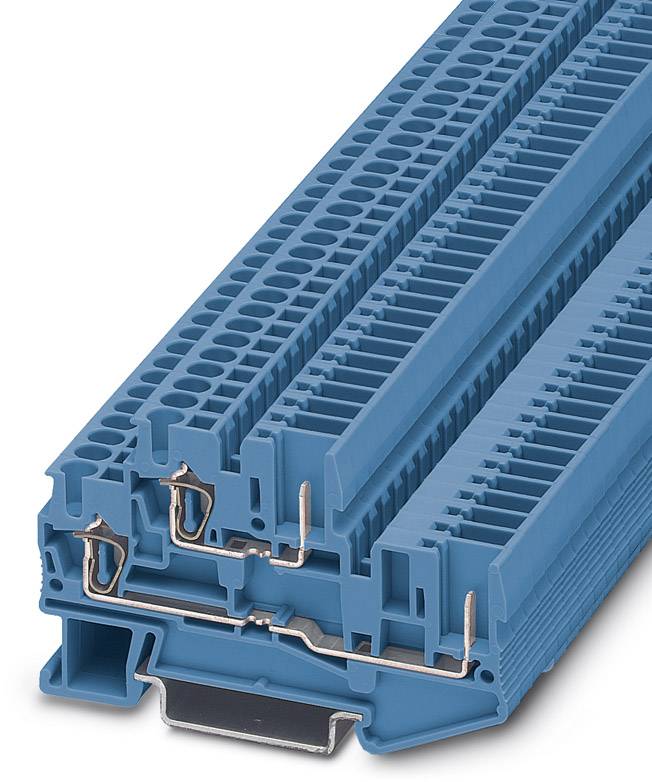Bloc de bornes multipolaire bleu à plusieurs niveaux avec conducteurs en cuivre, utilisé pour la connexion électrique et l'organisation dans les tableaux de distribution.