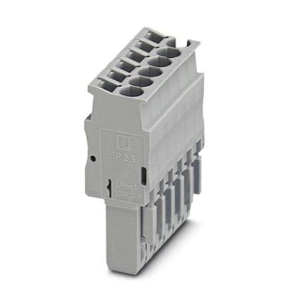 Connecteur électrique gris avec plusieurs points de connexion, marquage latéral 'SP 2.5', conçu pour une utilisation dans des systèmes de câblage.