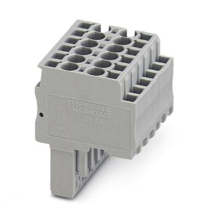 Un connecteur industriel gris avec plusieurs possibilités de connexion, adapté aux applications électriques.