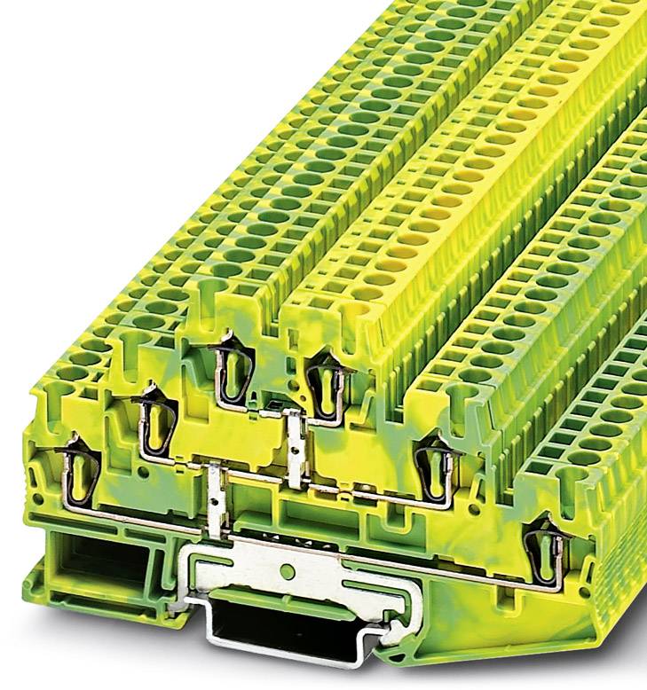 Barrettes de bornes vertes et jaunes, empilées et prêtes à être installées dans des armoires électriques.
