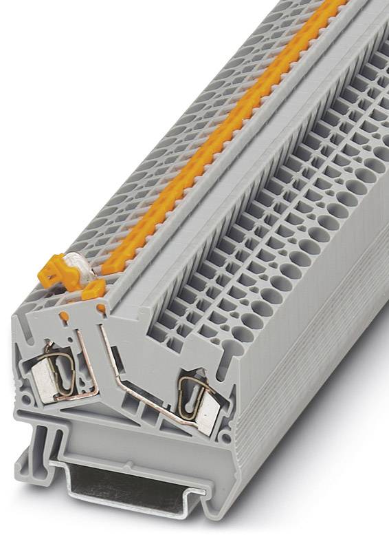 Bloc de bornes modulaire gris avec curseurs coulissants orange et plusieurs connexions. Utilisé dans les circuits électriques.