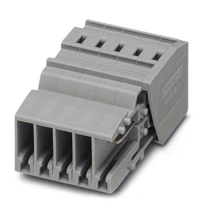 Un connecteur gris multipolaire avec mécanisme à levier, utilisé pour les connexions électriques, présentant quatre possibilités de raccordement.
