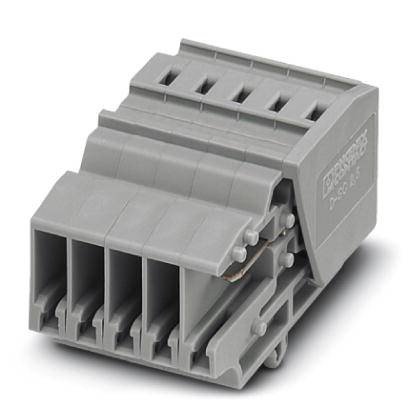Connecteur électrique rectangulaire gris avec plusieurs bornes en haut et des éléments de verrouillage sur les côtés.