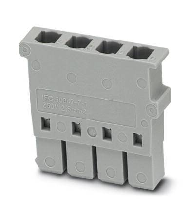 Connecteur électrique gris à quatre emplacements, portant l'inscription 'IEC 60947-7-1 250V 2.5mm²'.