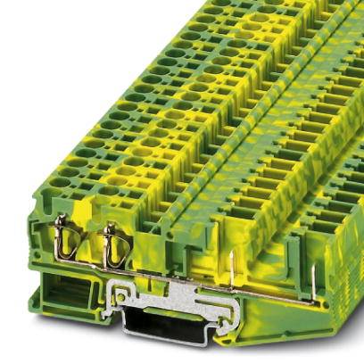 Une barrette de connexion jaune-verte multiétage pour câblage électrique, avec une vue latérale des connexions métalliques et du boîtier en plastique.