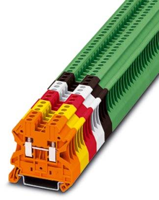 Un bloc de bornes multicolore avec des parties vertes, oranges, noires, rouges, jaunes et blanches, adapté pour les connexions électriques.