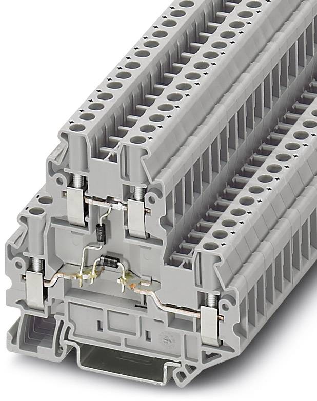 Barrette de connexion grise à plusieurs niveaux, adaptée au câblage électrique dans les tableaux de distribution. La polyvalence et la conception compacte sont mises en avant.