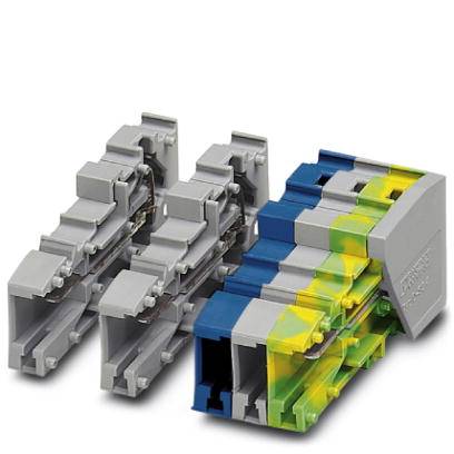 Plusieurs modules de bornes gris et colorés en plastique, disposés côte à côte, sur un fond blanc.