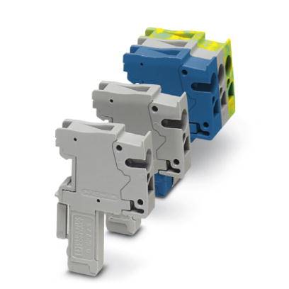 Trois modules de bornes disposés côte à côte, deux gris et un bleu-jaune, utilisés pour des connexions électriques industrielles.