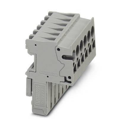 Bloc de connexion électrique gris avec plusieurs bornes ; vue latérale.