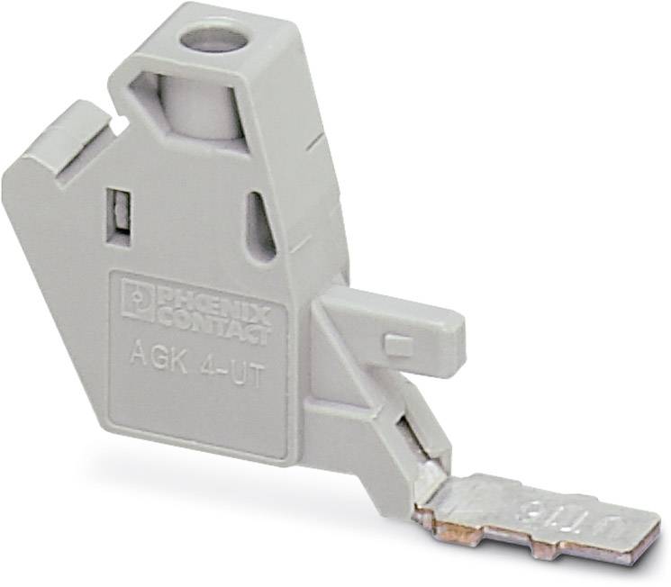 Un composant électrique gris portant l'inscription 'AGK 4-UT' de Phoenix Contact, probablement une borne de connexion.