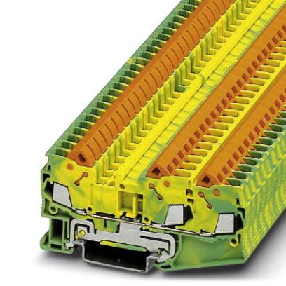 Un connecteur électrique à gradins jaune-vert avec plusieurs bornes de connexion alignées, utilisé pour le câblage électrique.