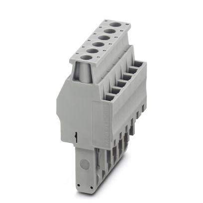 Connecteur électrique en plastique gris, à configuration verticale avec plusieurs emplacements, adapté pour l'installation dans les armoires électriques.