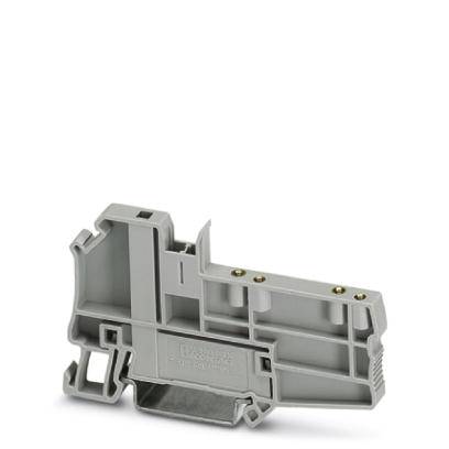 Un bloc de connexion électrique gris, de forme rectangulaire, avec plusieurs possibilités de raccordement sur le dessus.