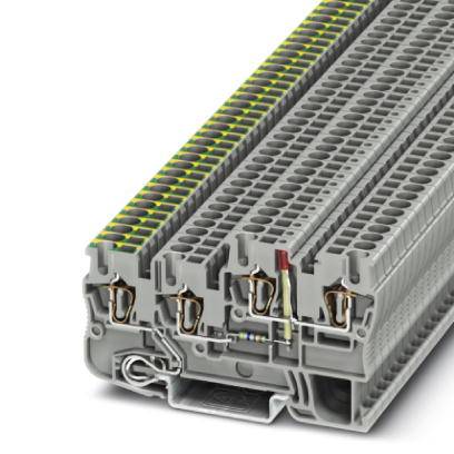 Une barrette de connexion grise avec des marquages jaune et vert, destinée à être utilisée dans des armoires électriques, vue de dessus latérale.