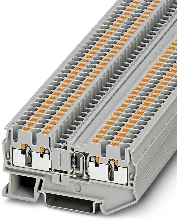 Un bloc de connexion gris à deux niveaux avec des boutons-poussoirs orange. Adapté pour le montage simple de connexions électriques.