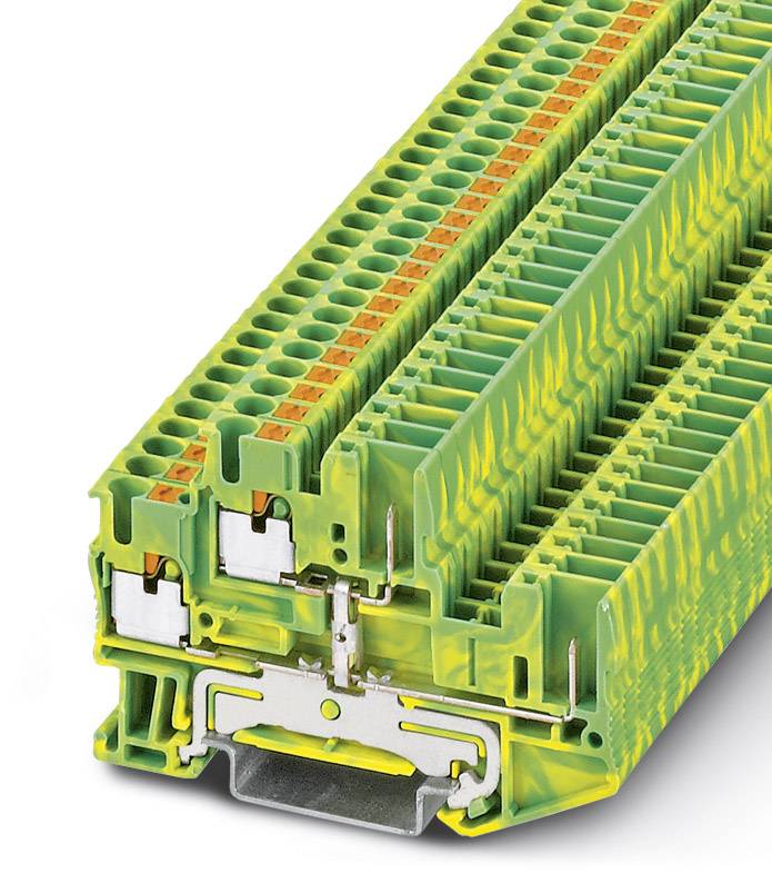 Un bloc de bornes jaune-vert à plusieurs connexions, adapté aux câblages électriques dans les armoires électriques.