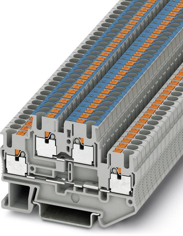 Barrette de connexion grise avec des éléments bleus et oranges. Utilisée en électrotechnique pour la connexion de câbles.
