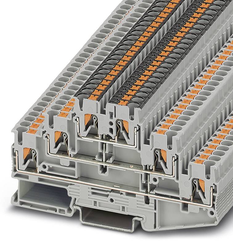 Barrettes de connexion à trois niveaux, en gris et orange. Elles illustrent une structure empilable pour le câblage électrique industriel.