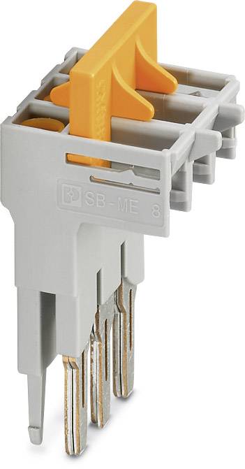 Un module de connexion gris et orange avec plusieurs broches métalliques, couramment utilisé en électronique et en câblage.