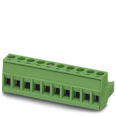 Connecteur électrique vert avec plusieurs emplacements, utilisé pour le montage dans des appareils électroniques.