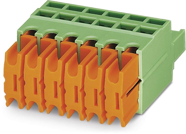 Bloc de bornes en vert et orange avec six connexions, adapté pour les connexions électriques dans les systèmes de câblage.