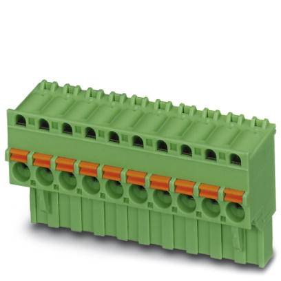 Module de connecteur vert avec plusieurs emplacements et éléments de verrouillage orange, adapté pour les connexions électriques.